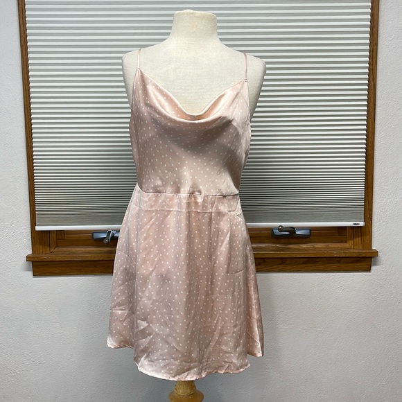 Lulus NWT Spot in My Heart Pink Polka Dot Satin Cowl Neck Mini Dress Size Large - Picture 6 of 13